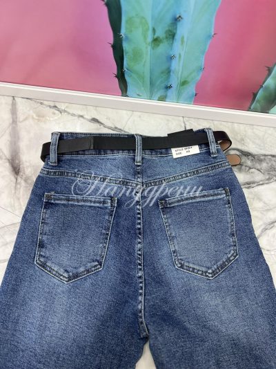 Дънки с коланче на сини и цикламени ефектни пръски - код 5923