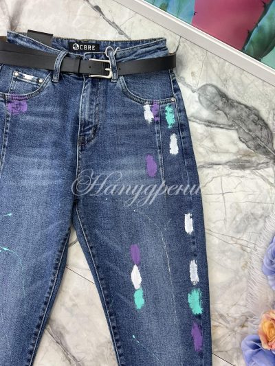 Дънки с коланче на лилави и тюркоазени ефектни пръски - код 5922