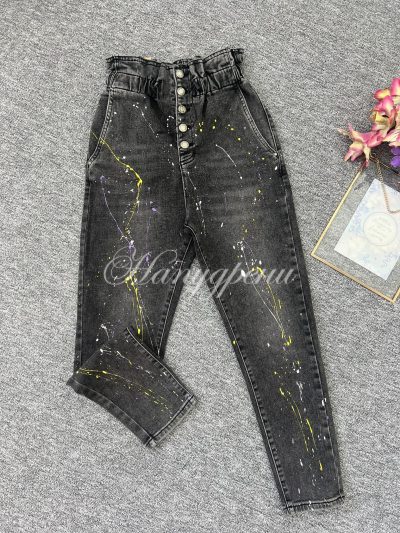 Дамски черни дънки с ефектни пръски - код 5859