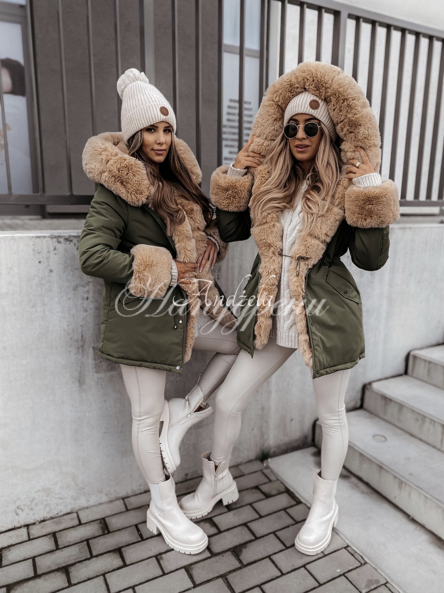 зелна парка с бежов пух