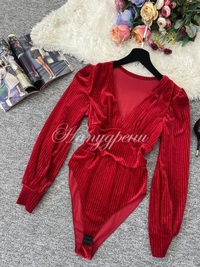 Дамско боди с блестящи нишки в червен цвят - код 6411