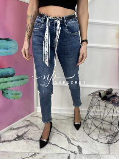 Тренди дънки с ефектен колан в син цвят - код 6549