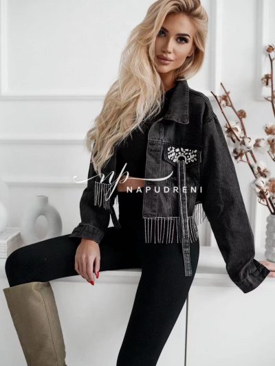 Дънково яке с ресни от камъчета в черен цвят - код 6457