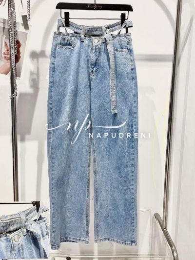 Дънки с широки крачоли и коланче в светлосин цвят - код 6458