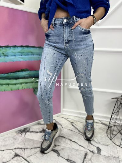 Дамски дънки със сини пръски - код 6543