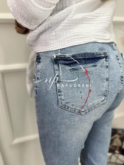 Дамски дънки с червени пръски - код 6545