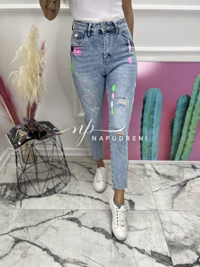 Дамски дънки "Paint" на пръски в светлосин цвят - код 6783