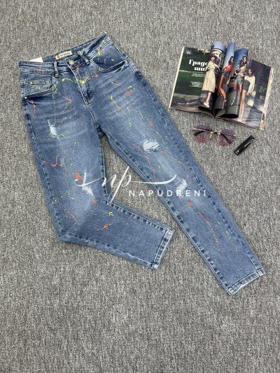 Дамски дънки с оранжеви пръски в тъмносин цвят- код 6778