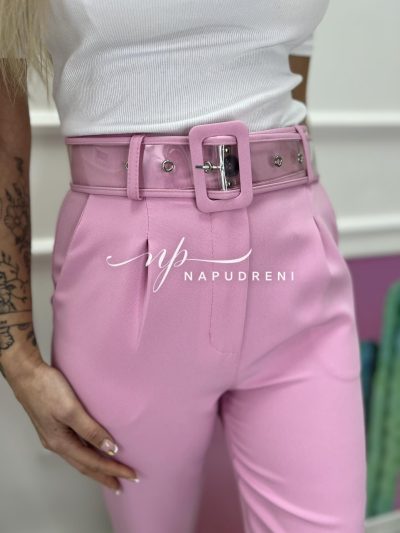 Дамски панталон с прозрачен колан в розов цвят - код 6790