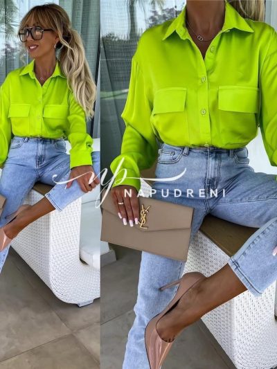 Дамска сатенена риза в зелен цвят - код 6800