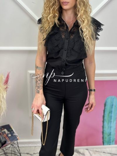 Дамска риза с дантела в черен цвят - код 6868