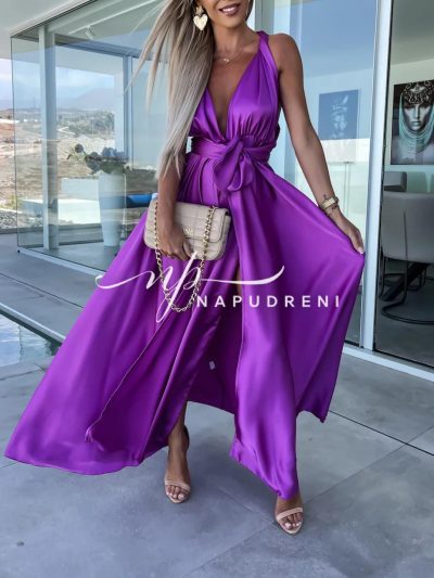 Дълга рокля сатен "Amanda" в тъмнолилав цвят - код 6795