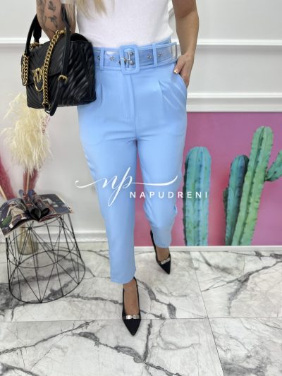 Дамски панталон с прозрачен колан в син цвят - код 6791