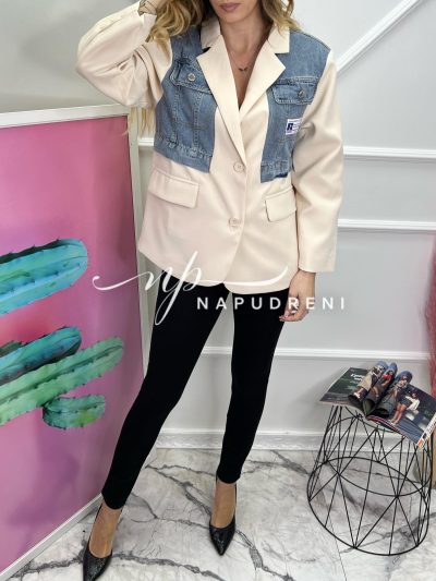 Дамско сако с дънкови елементи в бежов цвят - код 6730