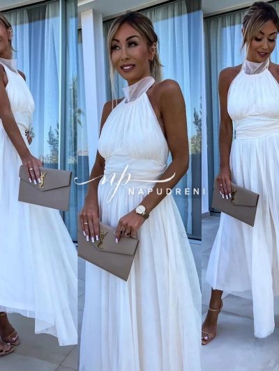 Дамска рокля с тюл и ефектна кройка в бял цвят - код 6910