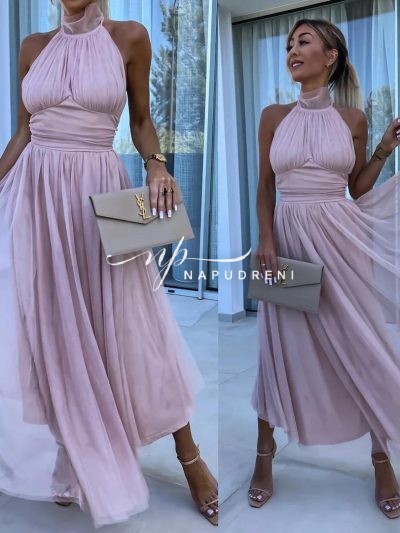 Дамска рокля с тюл и ефектна кройка в розов цвят - код 6911