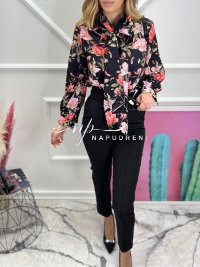 Дамска флорална риза с връзка в черен цвят -код 6950
