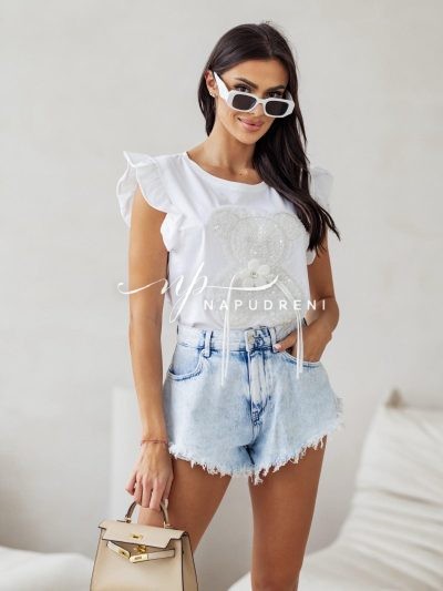 Дамска тениска с мече от пайети в бял цвят - код 6999