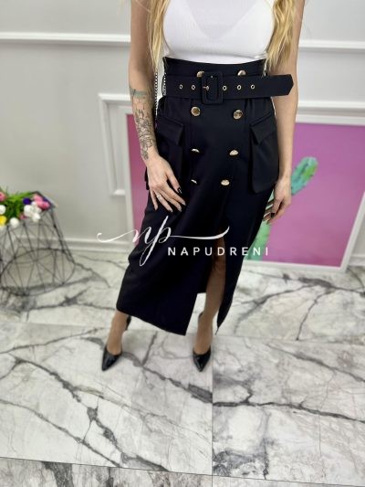 Дамска дълга пола с коланче в черен цвят - код 7004