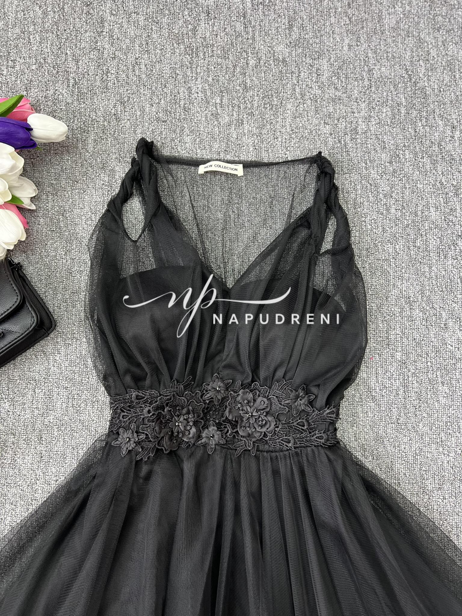 Дамска рокля с тюл и дантела в черен цвят - код 7031