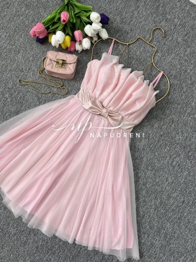 Кокетна дамска рокля с тюл в нежно розов цвят  - код 7025