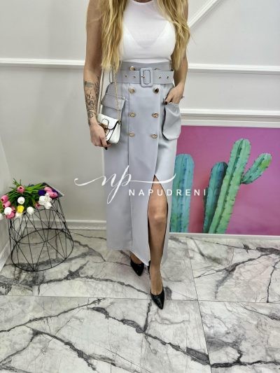 Дамска дълга пола с коланче в сив цвят - код 7003