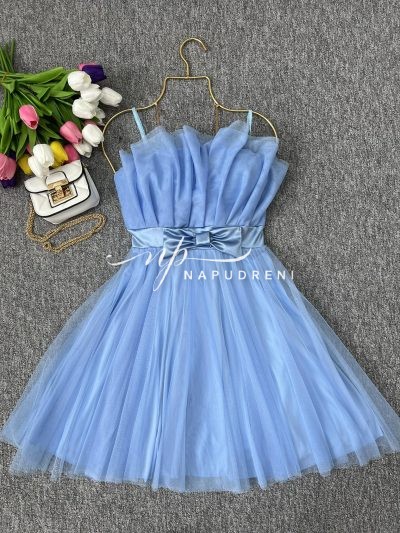 Кокетна дамска рокля с тюл в светлосин цвят  - код 7026