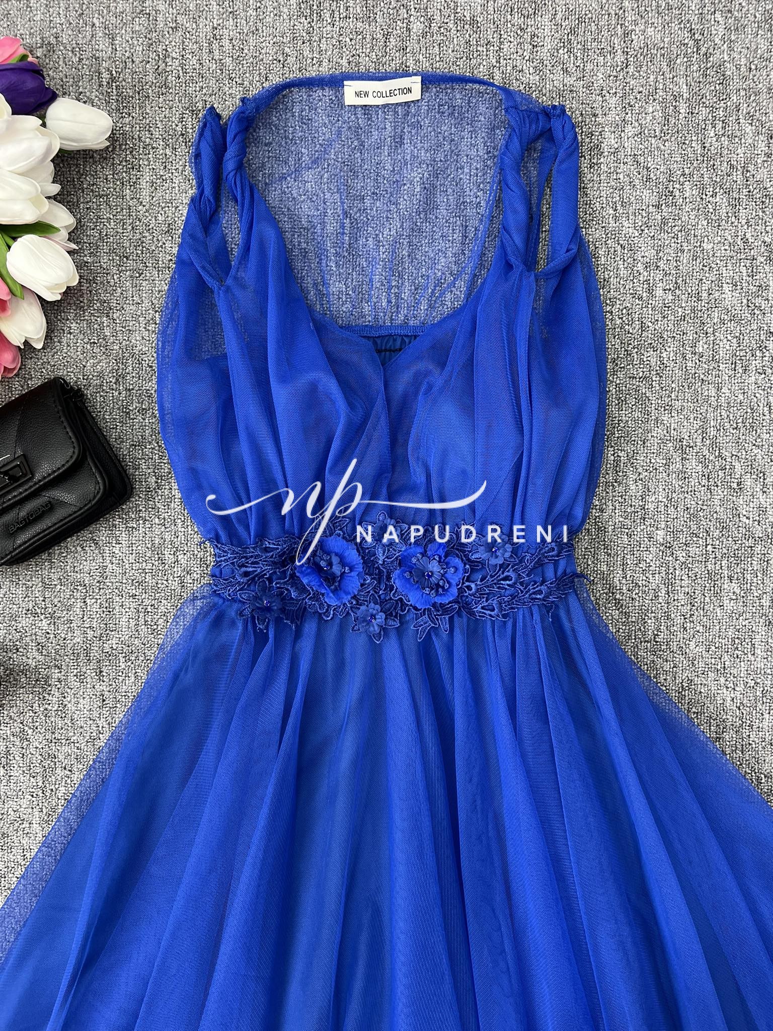 Дамска рокля с тюл и дантела в тъмносин цвят - код 7037