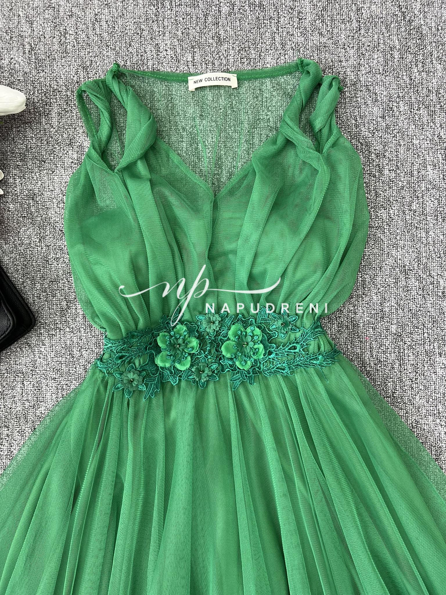 Дамска рокля с тюл и дантела в зелен цвят - код 7032