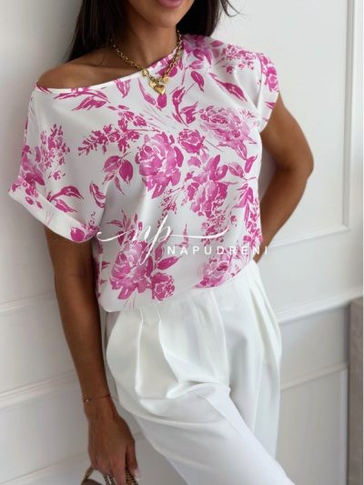 Дамска блуза ''Flowers'' в бяло и цикламено - код 7013
