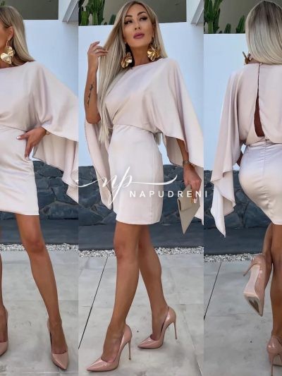 Дамска сатенена рокля "Unique" в бежов цвят - код 7162