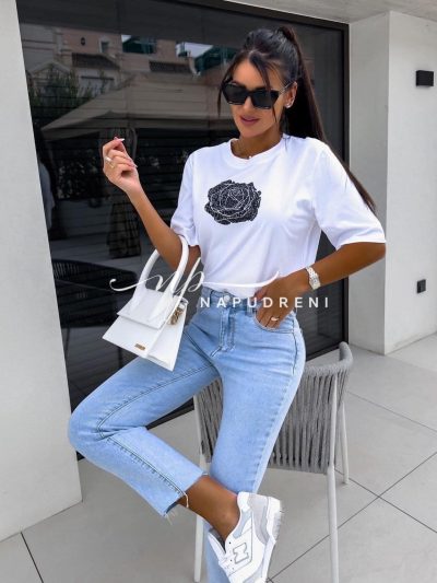 Дамска тениска с принт в бял цвят - код 7137