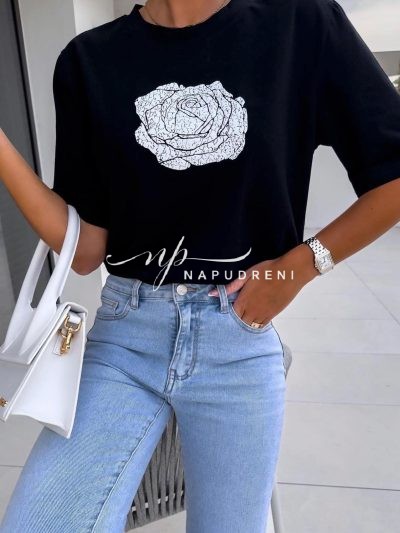 Дамска тениска с принт в черен цвят - код 7136