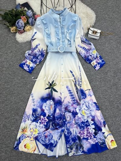 Дамска дълга рокля с копчета и коланче в син цвят – код 7065