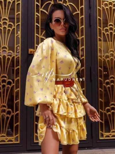 Дамска рокля с къдрички и коланче в жълт цвят - код 7333