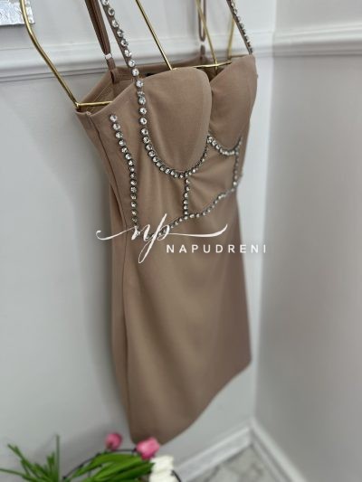 Дамска рокля с перли в кафяв цвят - код 7405