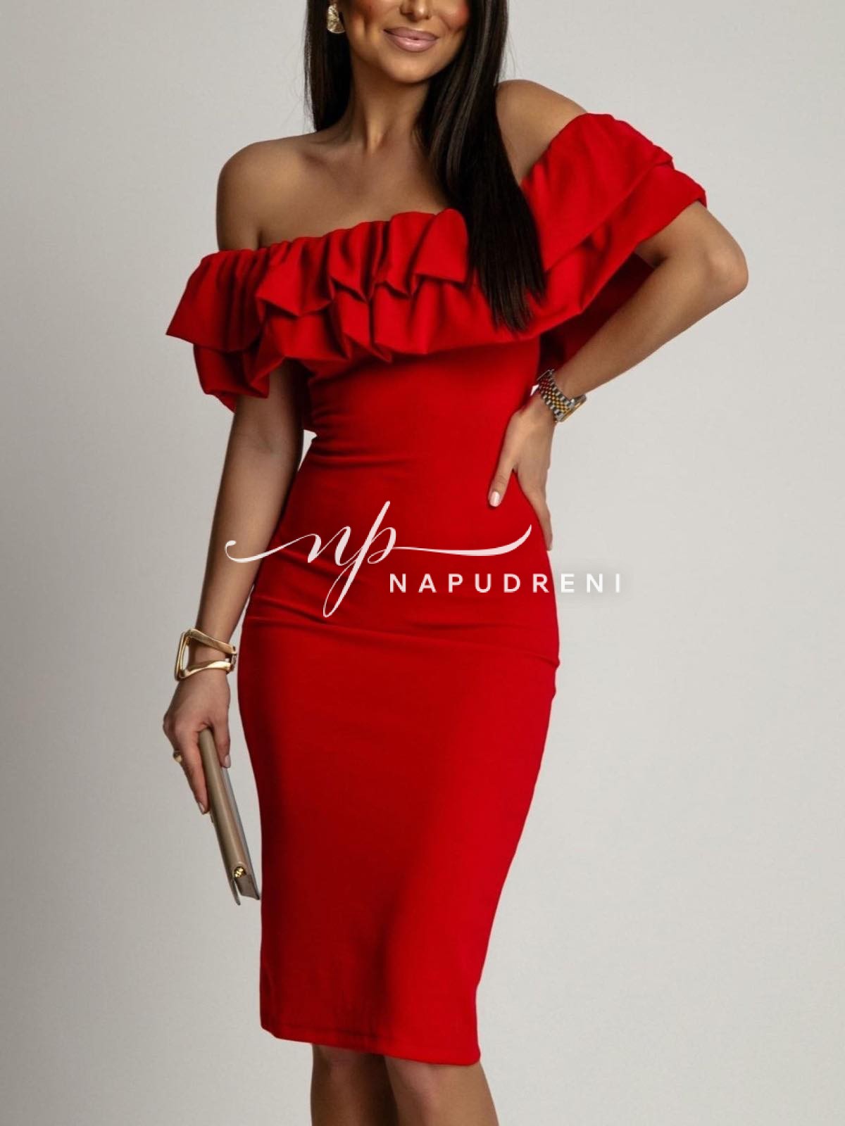 Дамска рокля с паднали рамена в червен цвят – код 7465