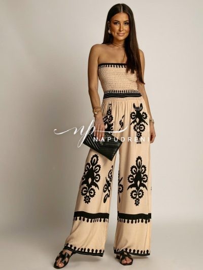 Дамски гащеризон с ефектни орнаменти в бежов цвят - код 7441