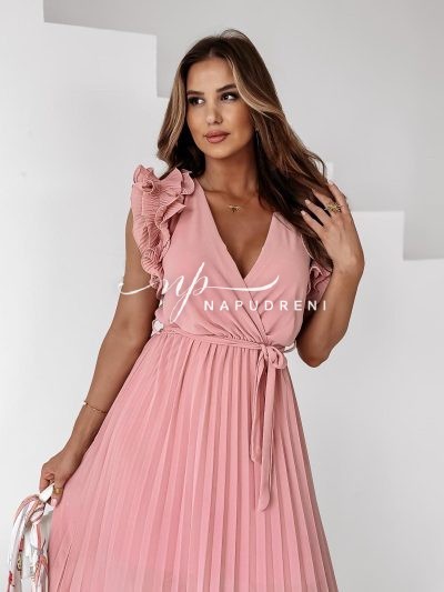 Дамска плисирана дълга рокля в цвят пудра – код 7293