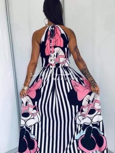 Дамска рокля с Мини Маус с розова панделка - код 7457