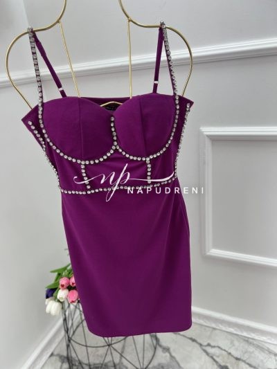 Дамска рокля с перли в лилав цвят - код 7404