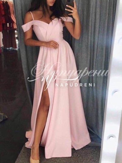 Дамска дълга рокля с цепка в цвят пудра - код 8354